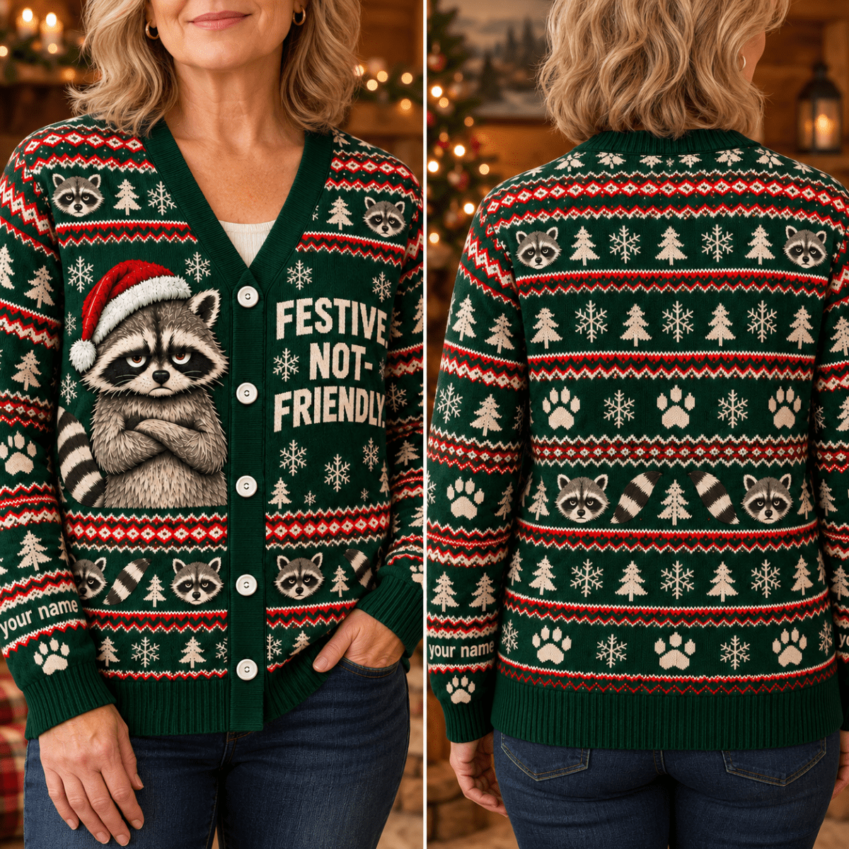 Personalized Raccoon Knitted Sweater & Cardigan – Festive Not Friendly - FlamingoAholic
