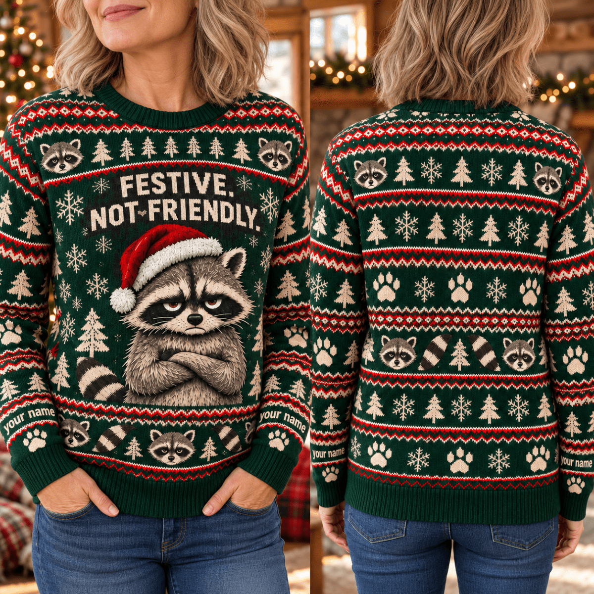 Personalized Raccoon Knitted Sweater & Cardigan – Festive Not Friendly - FlamingoAholic