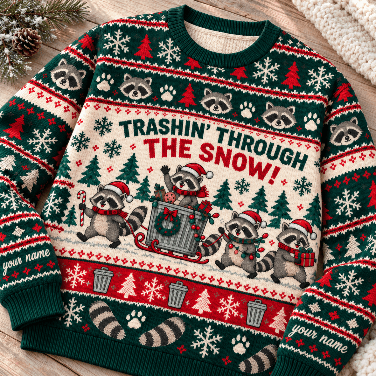 Personalized Raccoon Knitted Sweater & Cardigan – Trashin' Through the Snow - FlamingoAholic