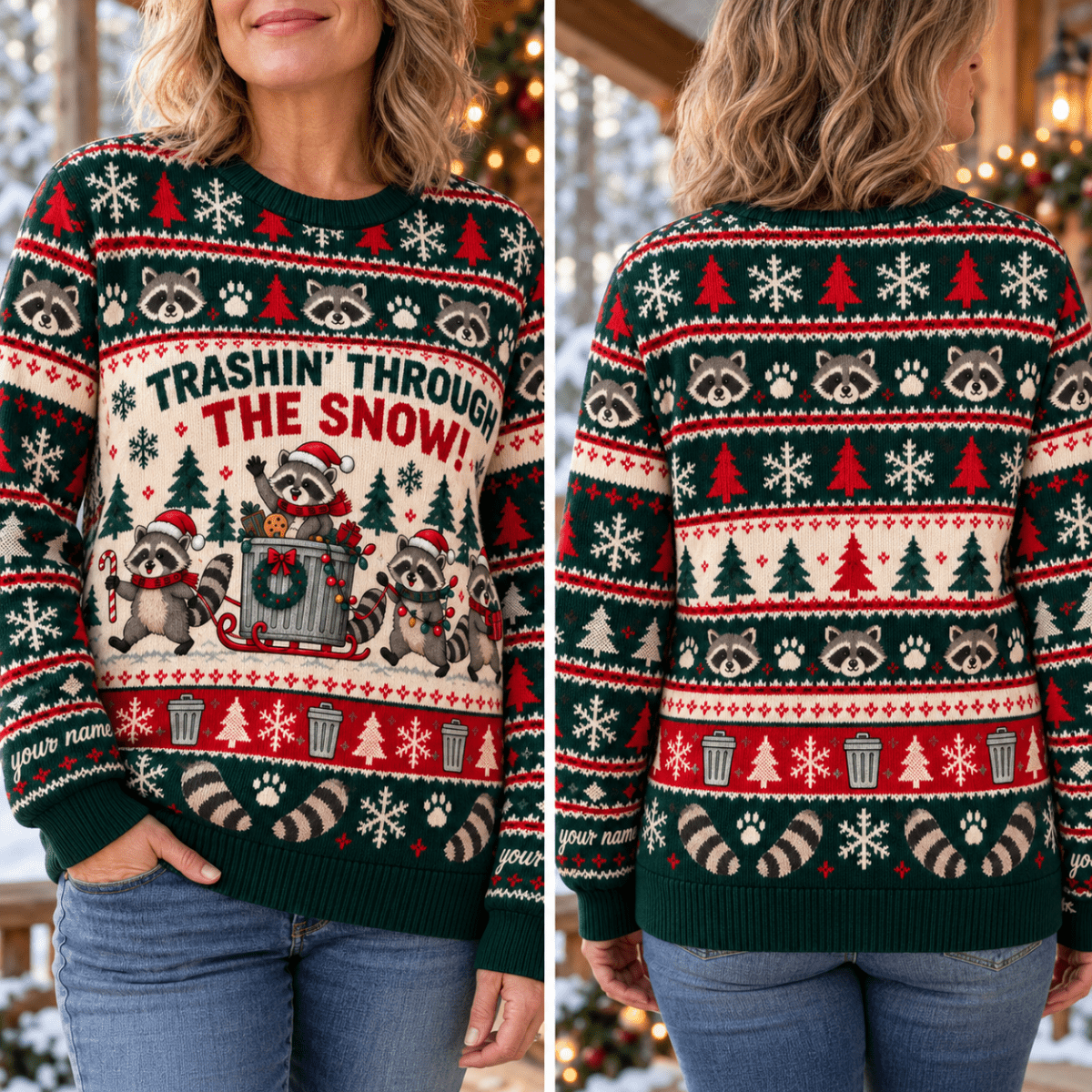 Personalized Raccoon Knitted Sweater & Cardigan – Trashin' Through the Snow - FlamingoAholic