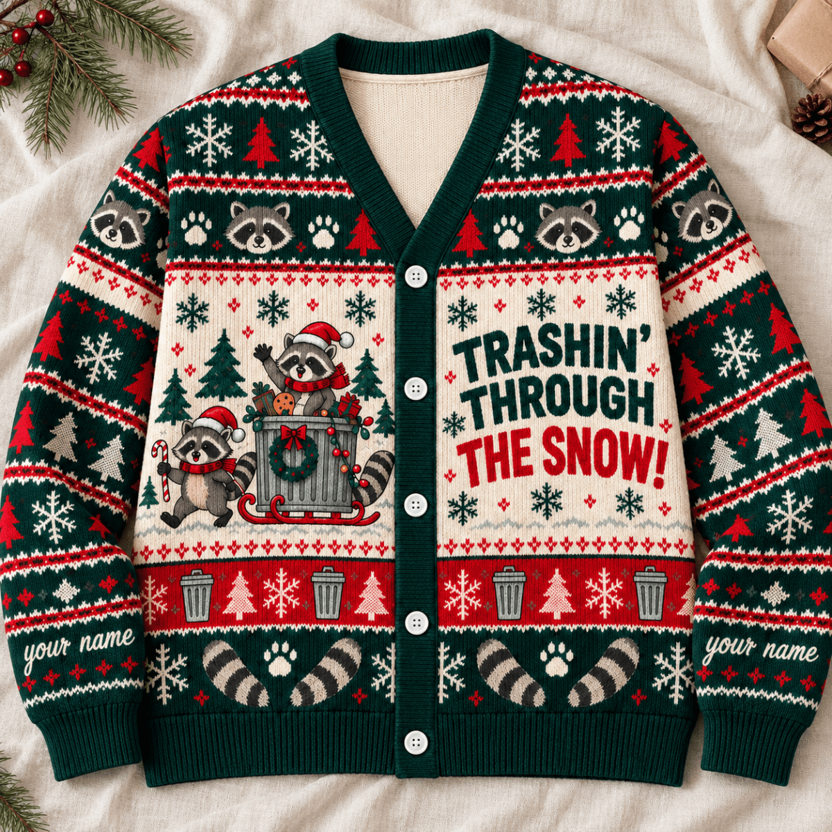 Personalized Raccoon Knitted Sweater & Cardigan – Trashin' Through the Snow - FlamingoAholic