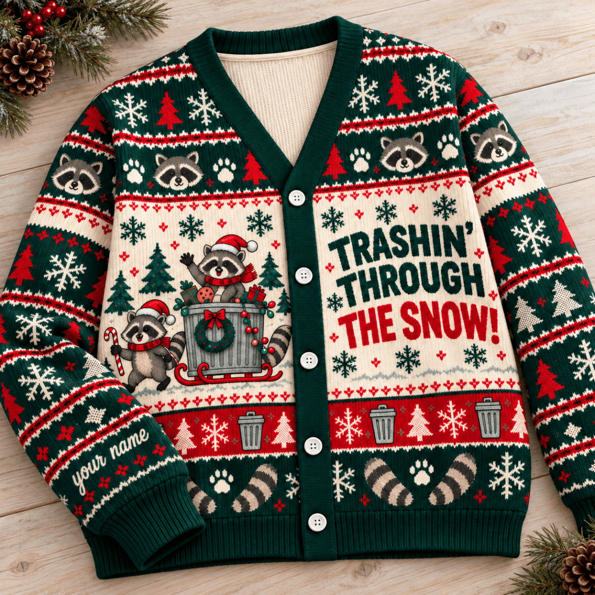 Personalized Raccoon Knitted Sweater & Cardigan – Trashin' Through the Snow - FlamingoAholic