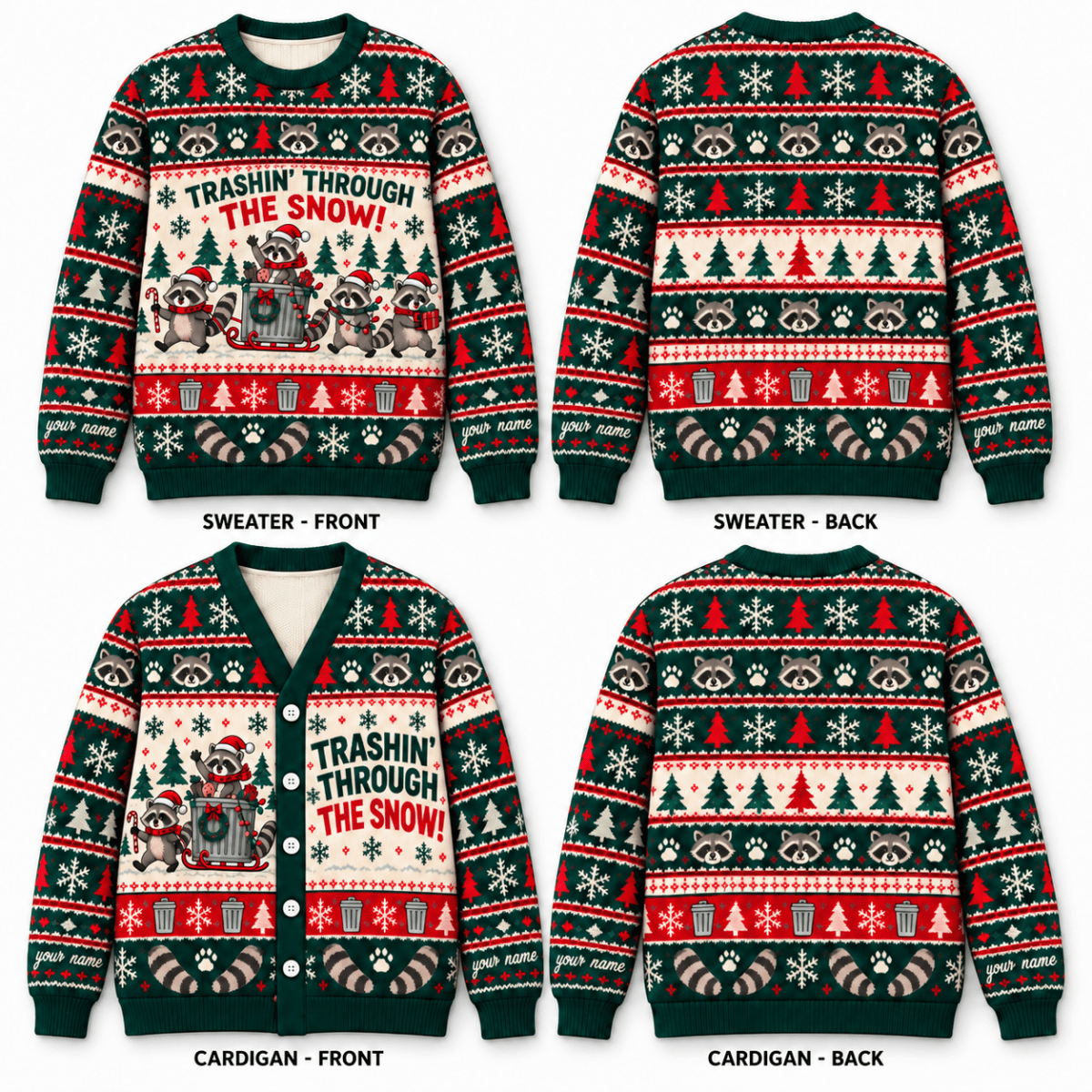 Personalized Raccoon Knitted Sweater & Cardigan – Trashin' Through the Snow - FlamingoAholic