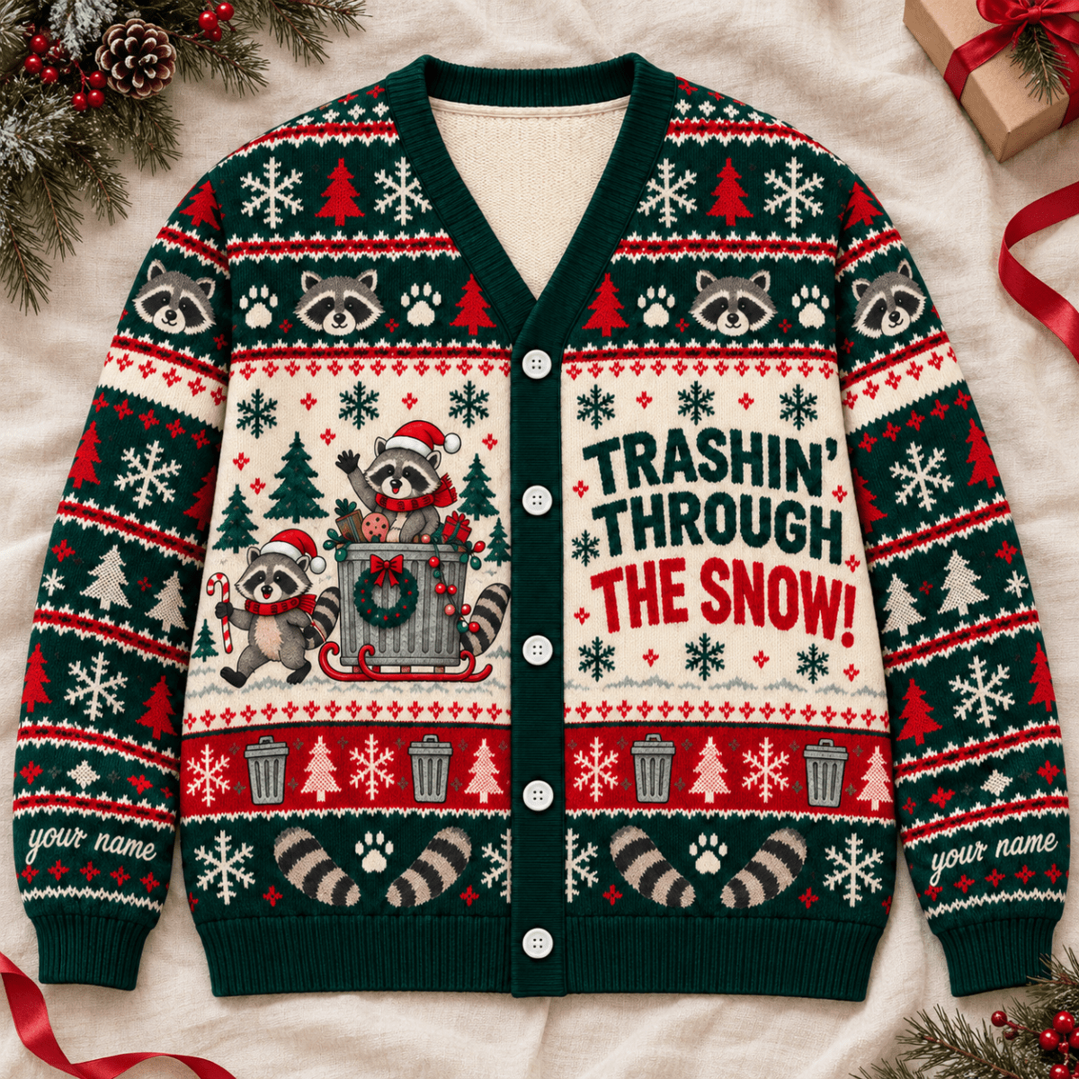 Personalized Raccoon Knitted Sweater & Cardigan – Trashin' Through the Snow - FlamingoAholic