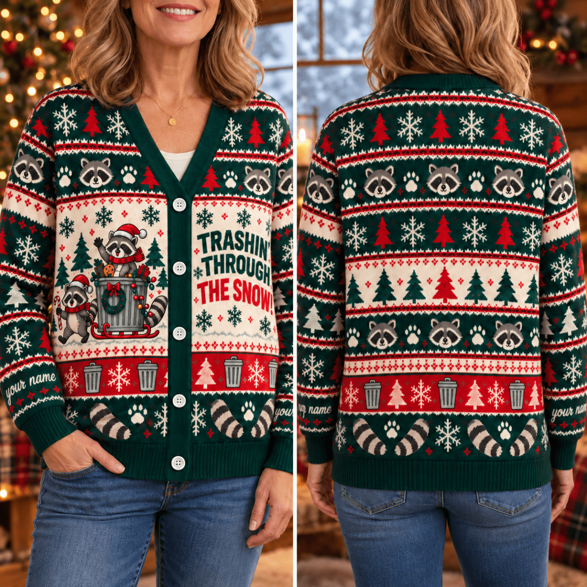Personalized Raccoon Knitted Sweater & Cardigan – Trashin' Through the Snow - FlamingoAholic