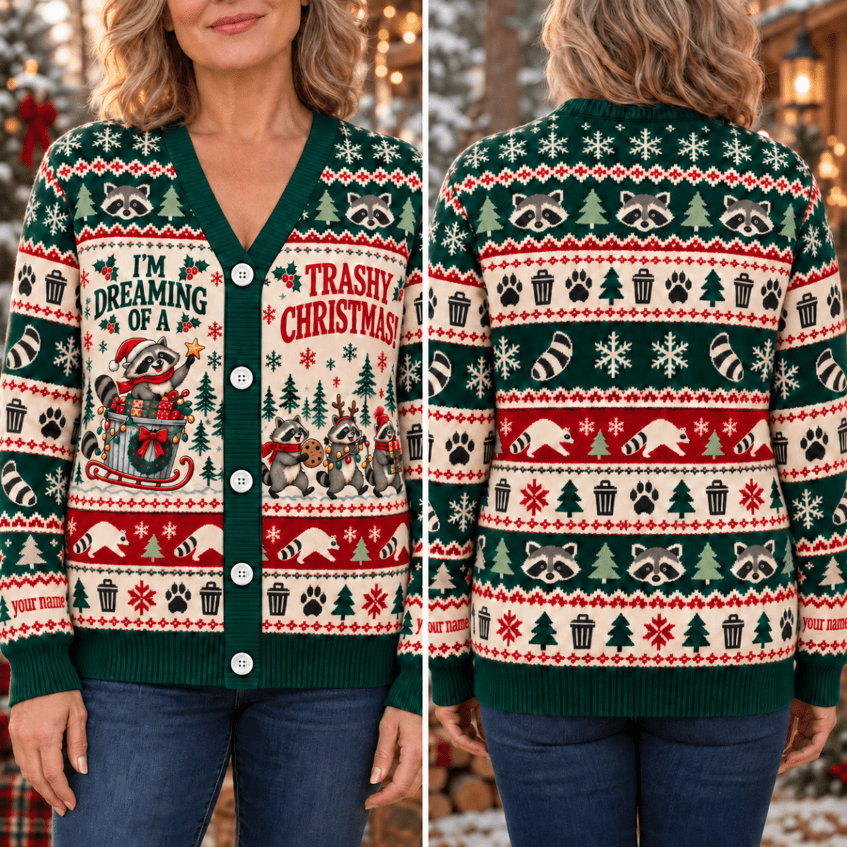Personalized Raccoon Knitted Sweater & Cardigan – Trashy Christmas - FlamingoAholic