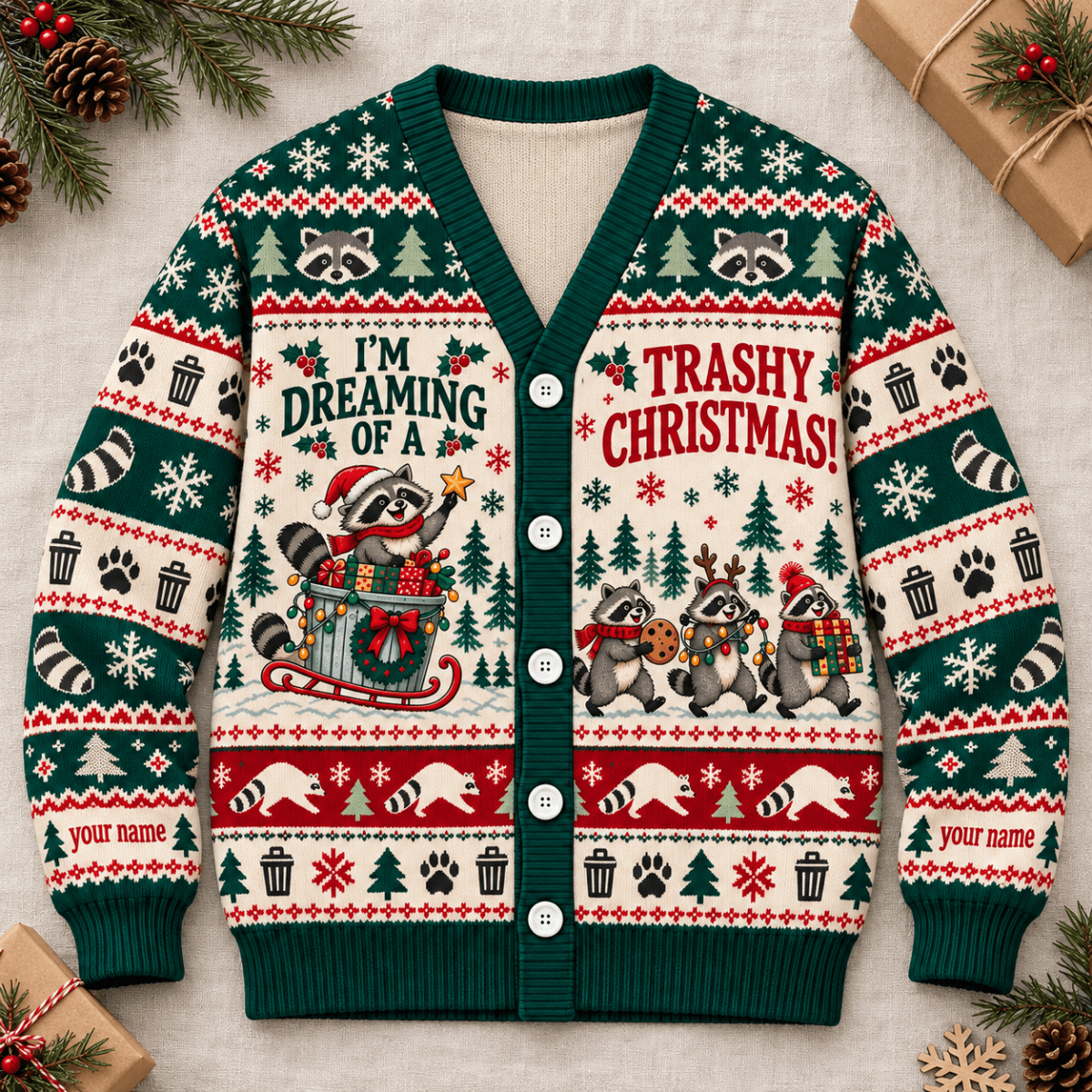 Personalized Raccoon Knitted Sweater & Cardigan – Trashy Christmas - FlamingoAholic