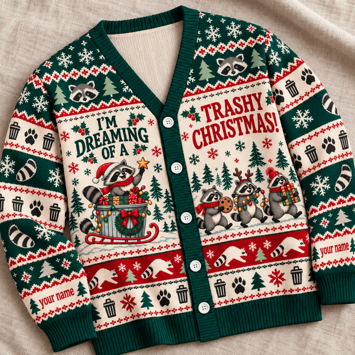 Personalized Raccoon Knitted Sweater & Cardigan – Trashy Christmas - FlamingoAholic