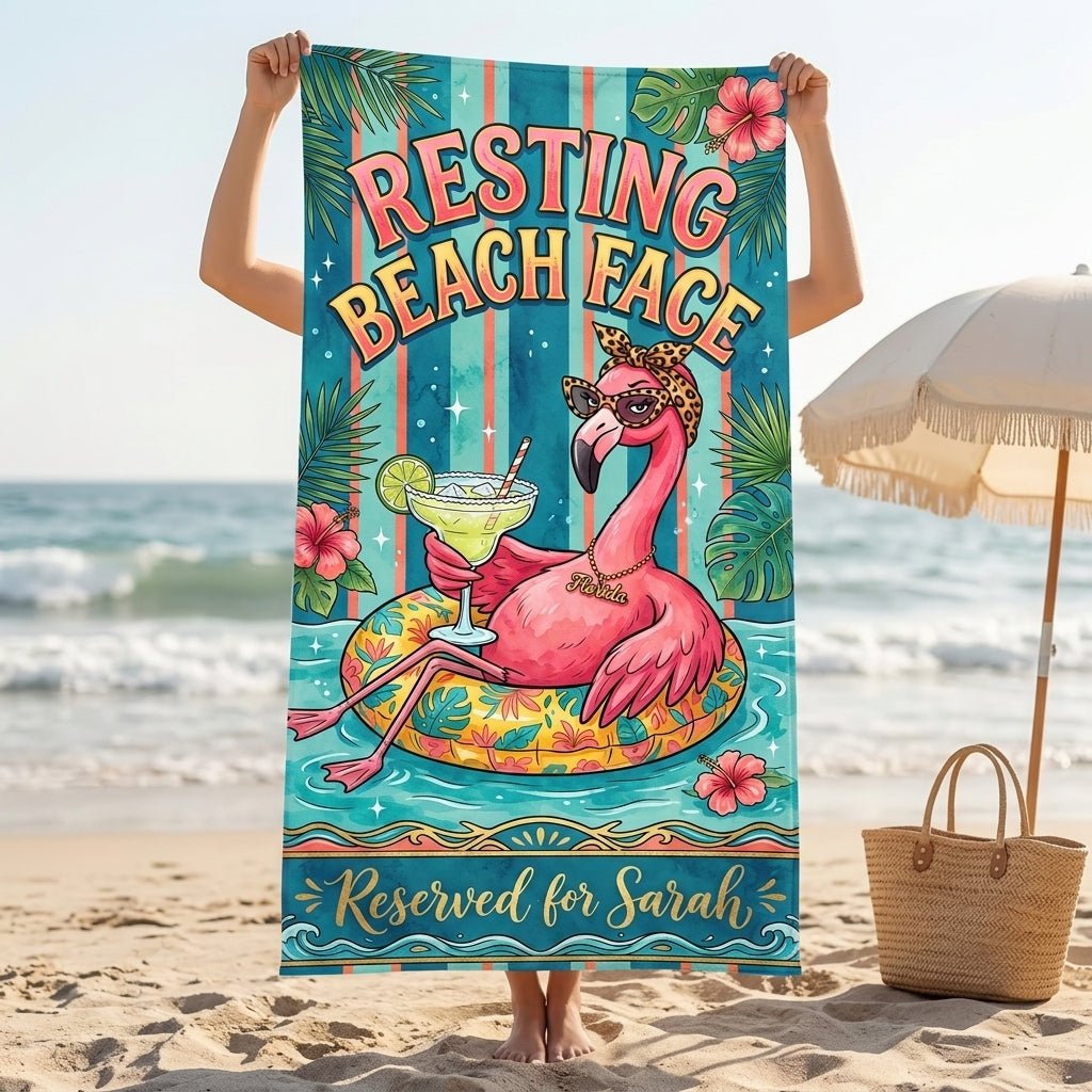 Personalized Resting Beach Face Flamingo Reserved For Custom Beach Towel - FlamingoAholic
