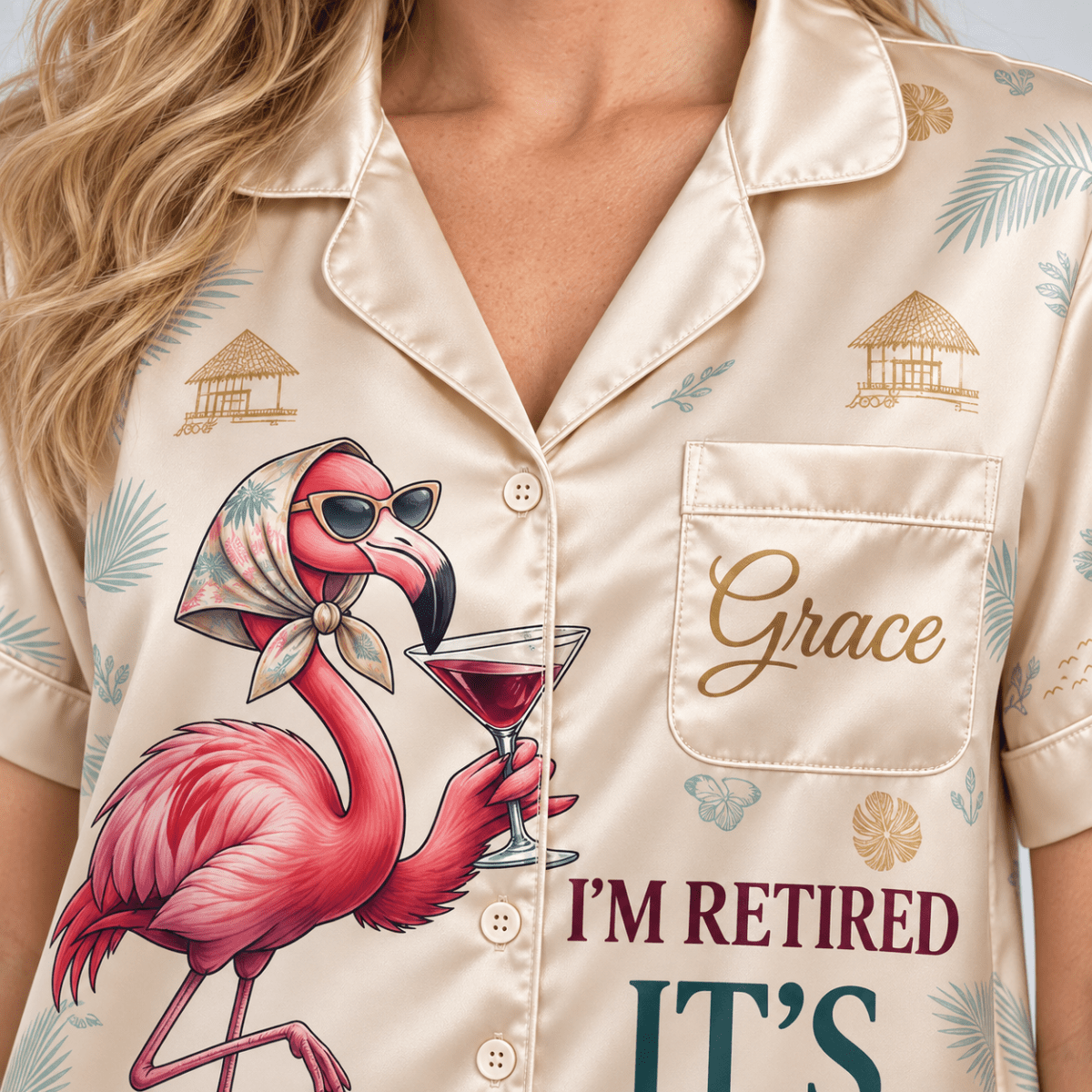 Personalized Retired Flamingo Satin Pajama Set for Women - FlamingoAholic
