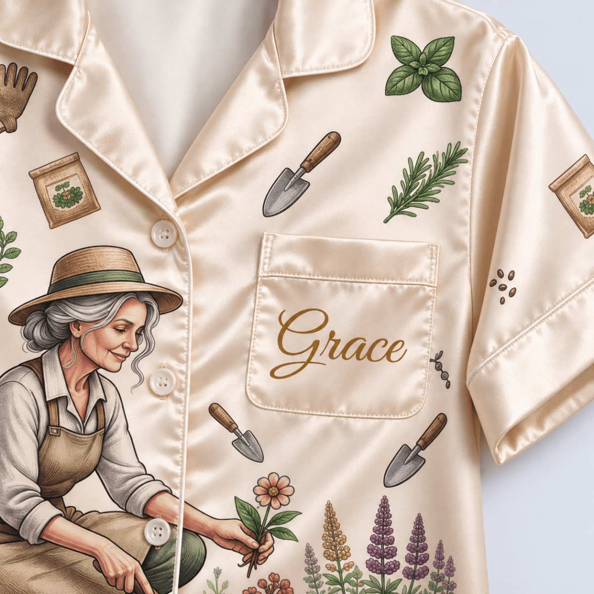 Personalized Retirement Gardening Satin Pajama Set for Women - FlamingoAholic