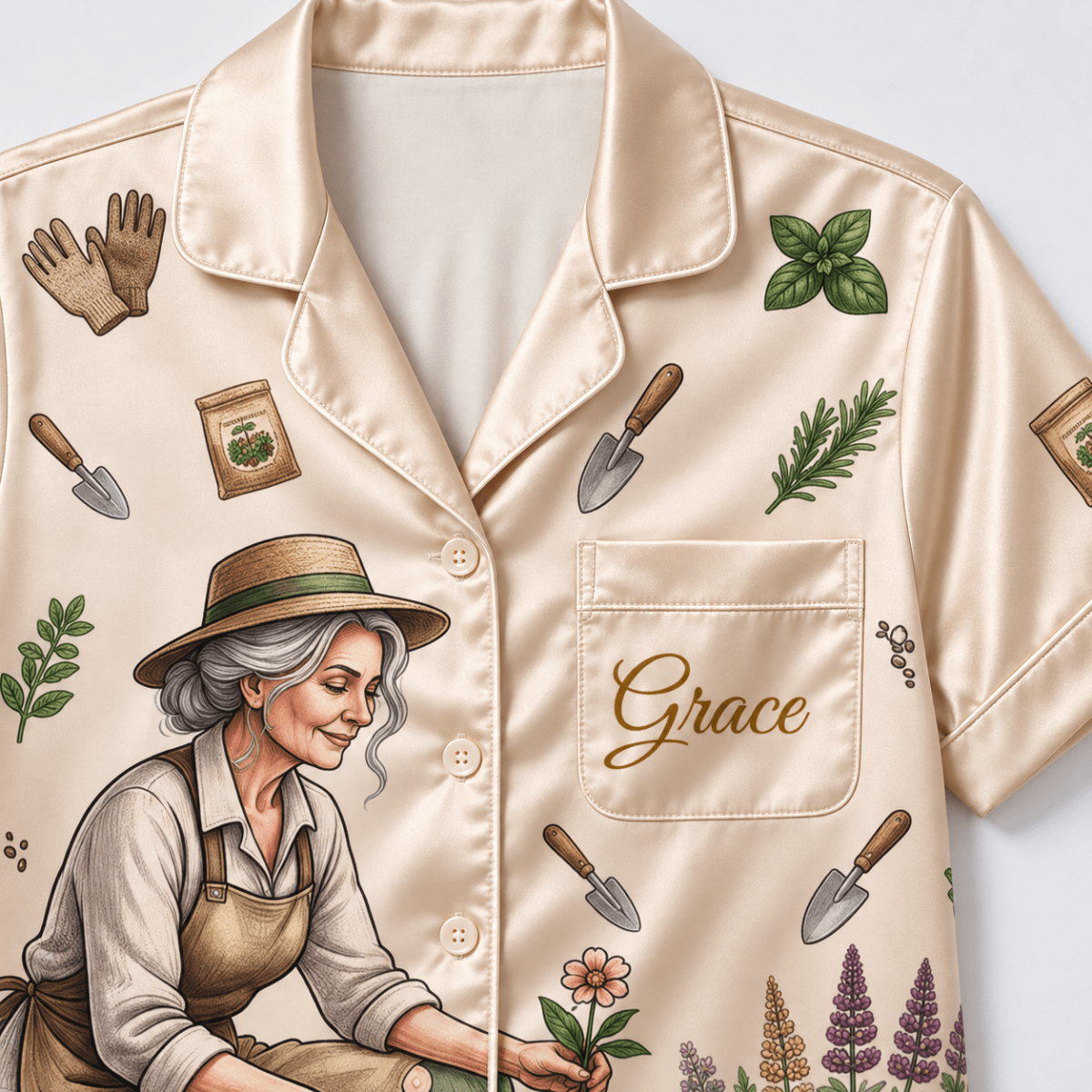 Personalized Retirement Gardening Satin Pajama Set for Women - FlamingoAholic