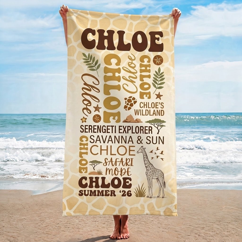 Personalized Safari Giraffe Beach Towel - Custom Name "Serengeti Wildland" Gift - FlamingoAholic