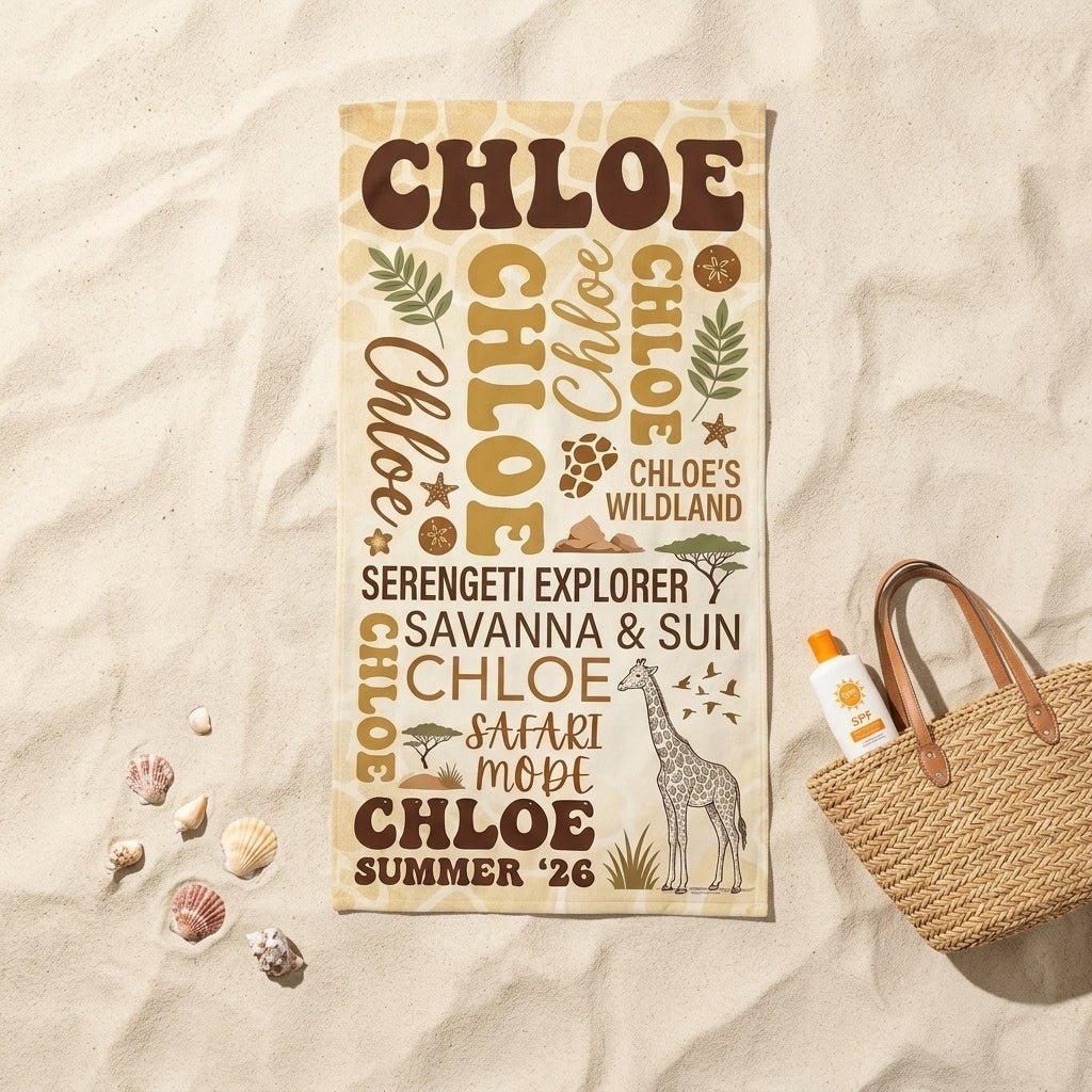 Personalized Safari Giraffe Beach Towel - Custom Name "Serengeti Wildland" Gift - FlamingoAholic