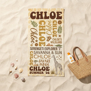 Personalized Safari Giraffe Beach Towel - Custom Name "Serengeti Wildland" Gift - FlamingoAholic