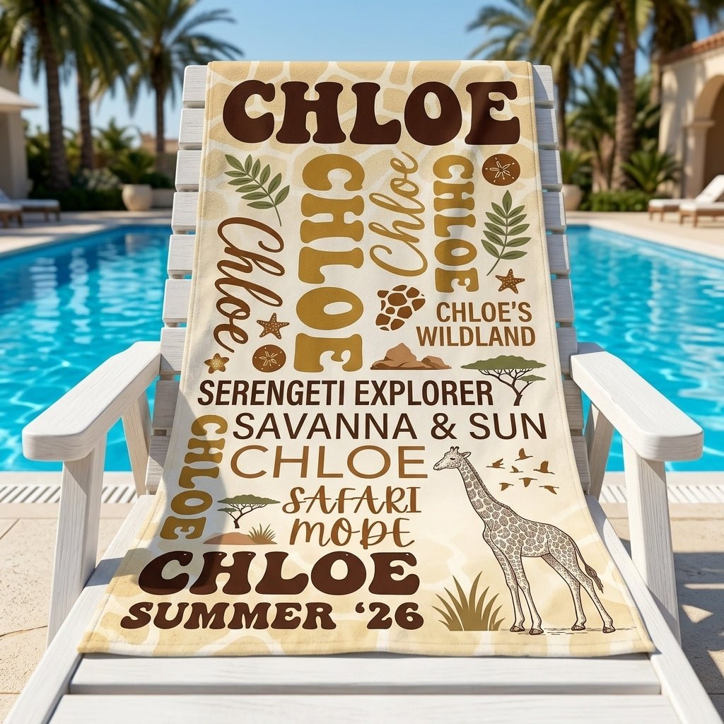 Personalized Safari Giraffe Beach Towel - Custom Name "Serengeti Wildland" Gift - FlamingoAholic