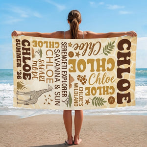 Personalized Safari Giraffe Beach Towel - Custom Name "Serengeti Wildland" Gift - FlamingoAholic