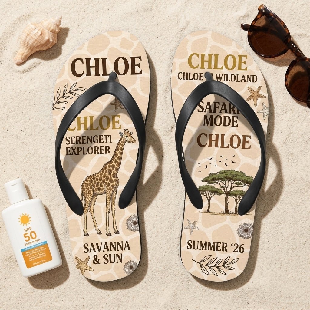 Personalized Safari Lightweight Flip Flops - Custom Name "Chloe" - FlamingoAholic