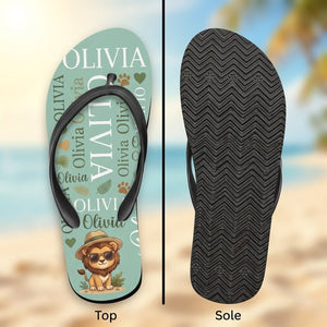 Personalized Safari Lion Flip Flops - Custom Name Kids Summer Beach Sandals Gift - FlamingoAholic