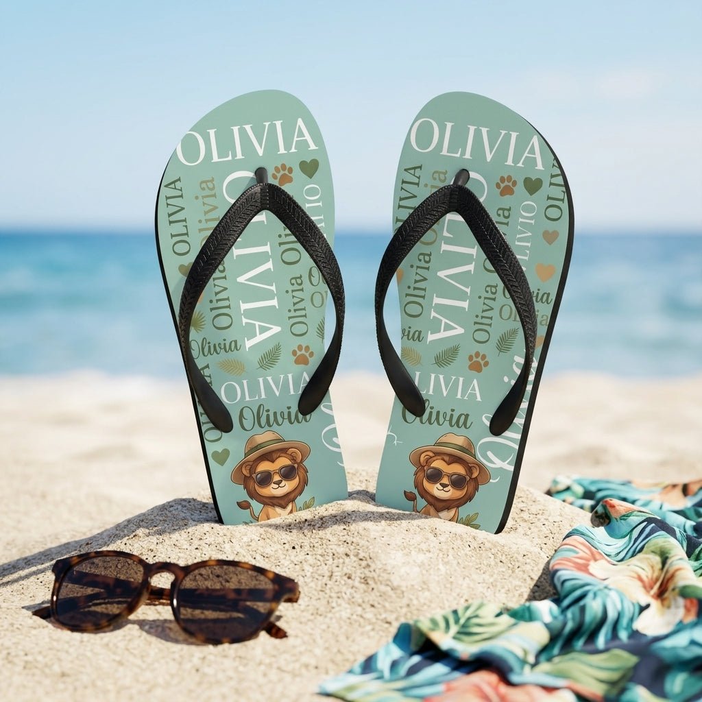 Personalized Safari Lion Flip Flops - Custom Name Kids Summer Beach Sandals Gift - FlamingoAholic
