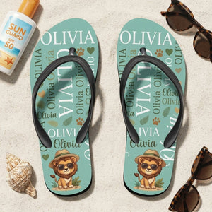 Personalized Safari Lion Flip Flops - Custom Name Kids Summer Beach Sandals Gift - FlamingoAholic