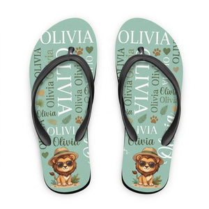 Personalized Safari Lion Flip Flops - Custom Name Kids Summer Beach Sandals Gift - FlamingoAholic