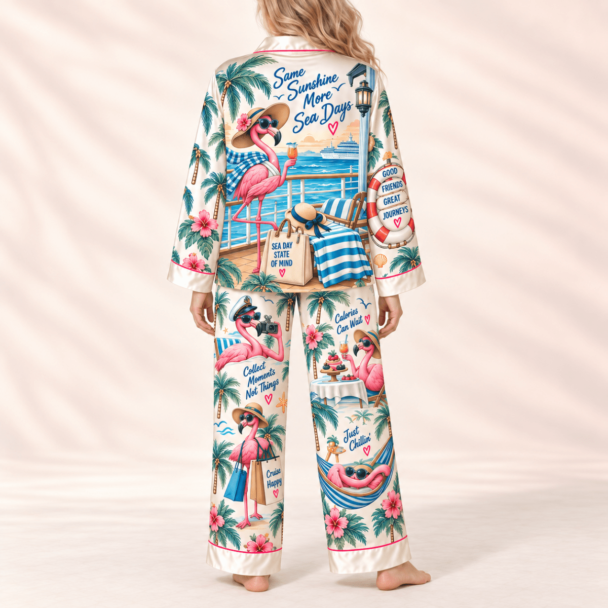 Personalized Sea Day Society Flamingo Cruise Satin Pajama Set for Women - FlamingoAholic