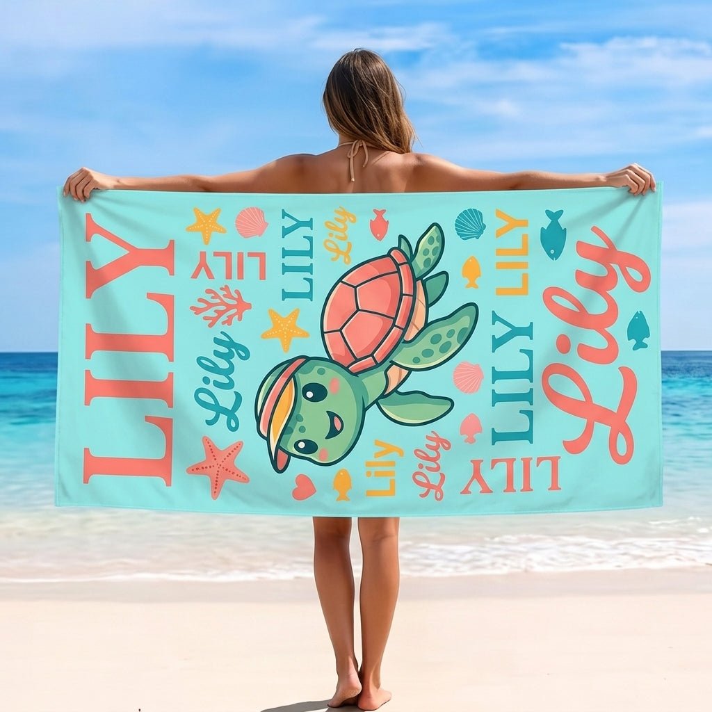 Personalized Sea Turtle Beach Towel - Cute Ocean Animal Custom Name Summer Vacation Gift - FlamingoAholic