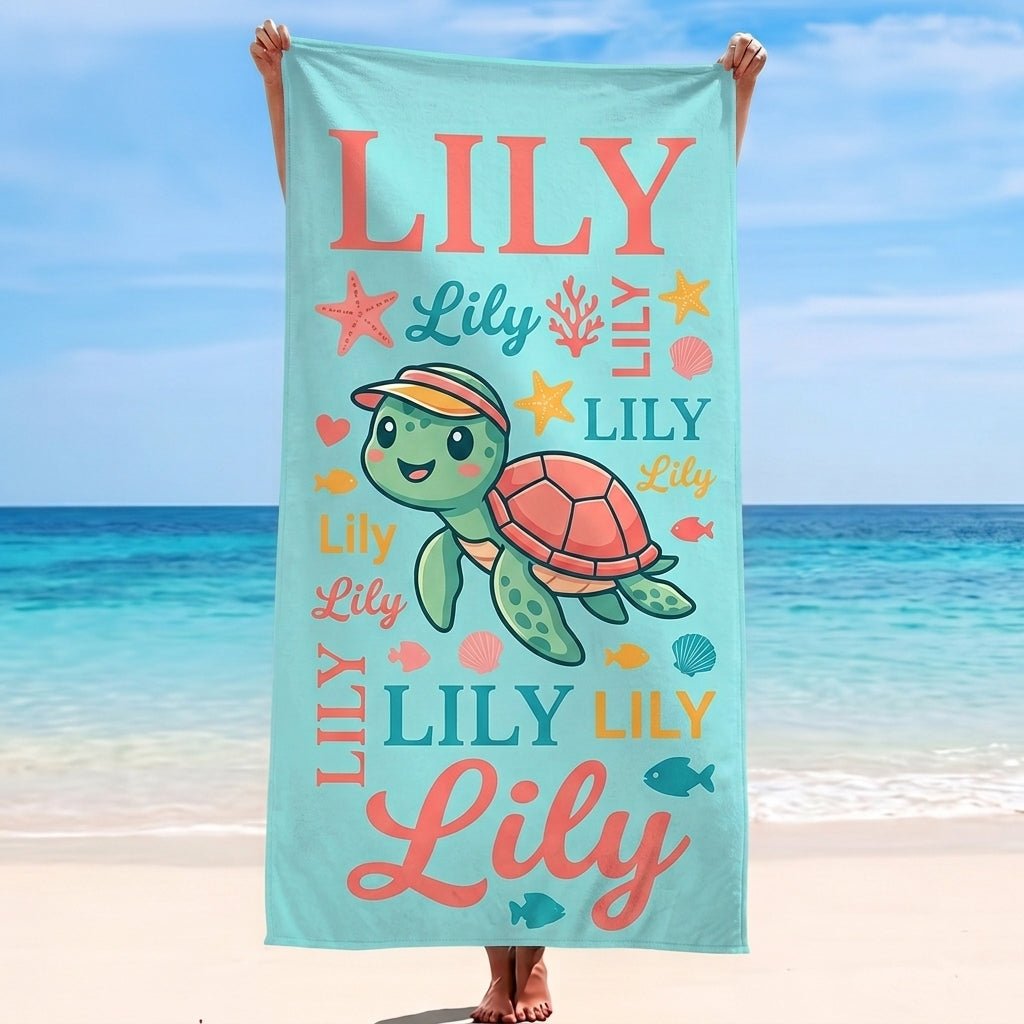 Personalized Sea Turtle Beach Towel - Cute Ocean Animal Custom Name Summer Vacation Gift - FlamingoAholic