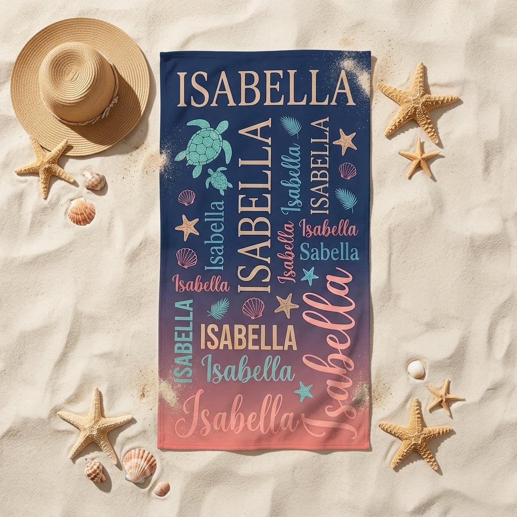 Personalized Sea Turtle Beach Towel - Ocean Typography Custom Name Summer Vacation Gift - FlamingoAholic