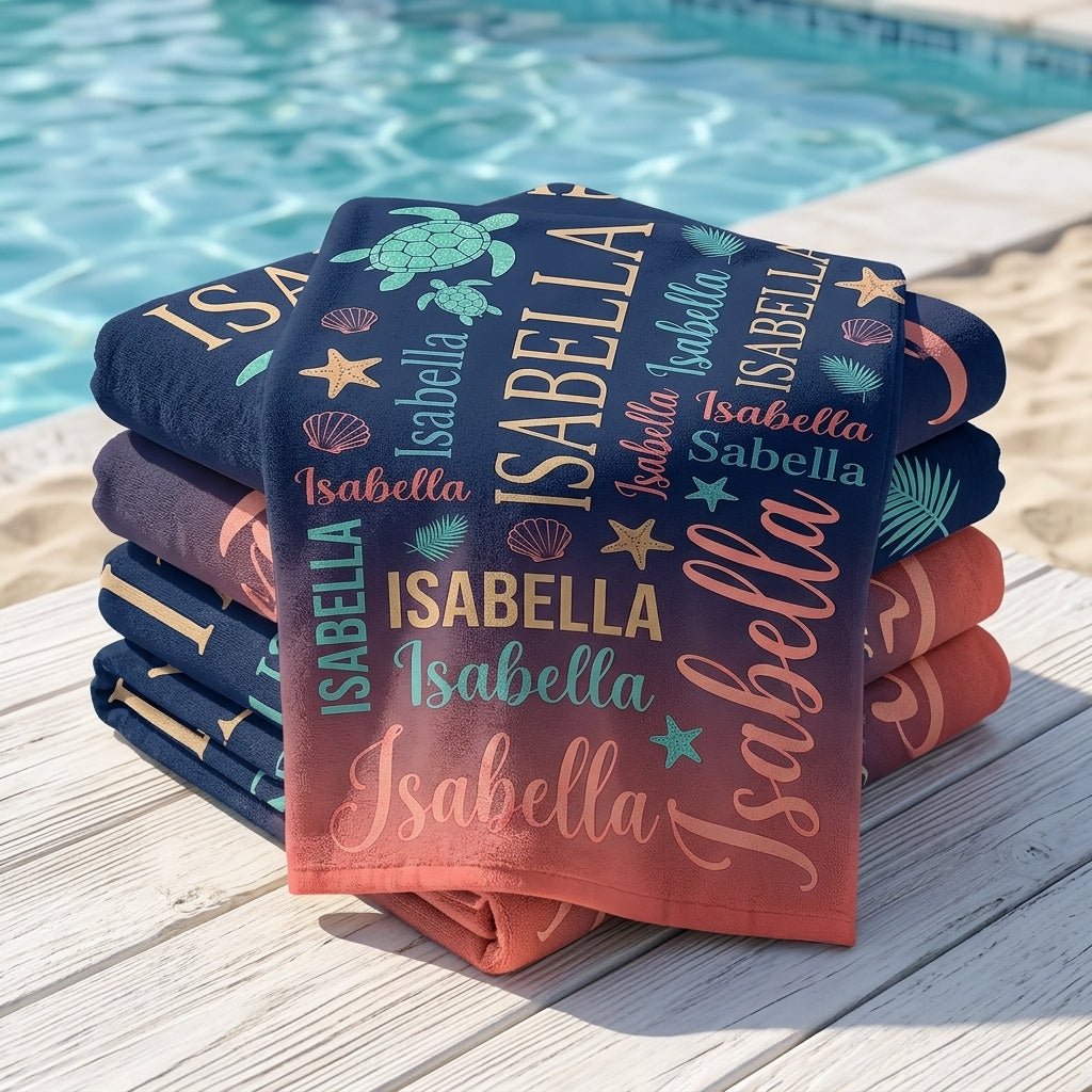 Personalized Sea Turtle Beach Towel - Ocean Typography Custom Name Summer Vacation Gift - FlamingoAholic