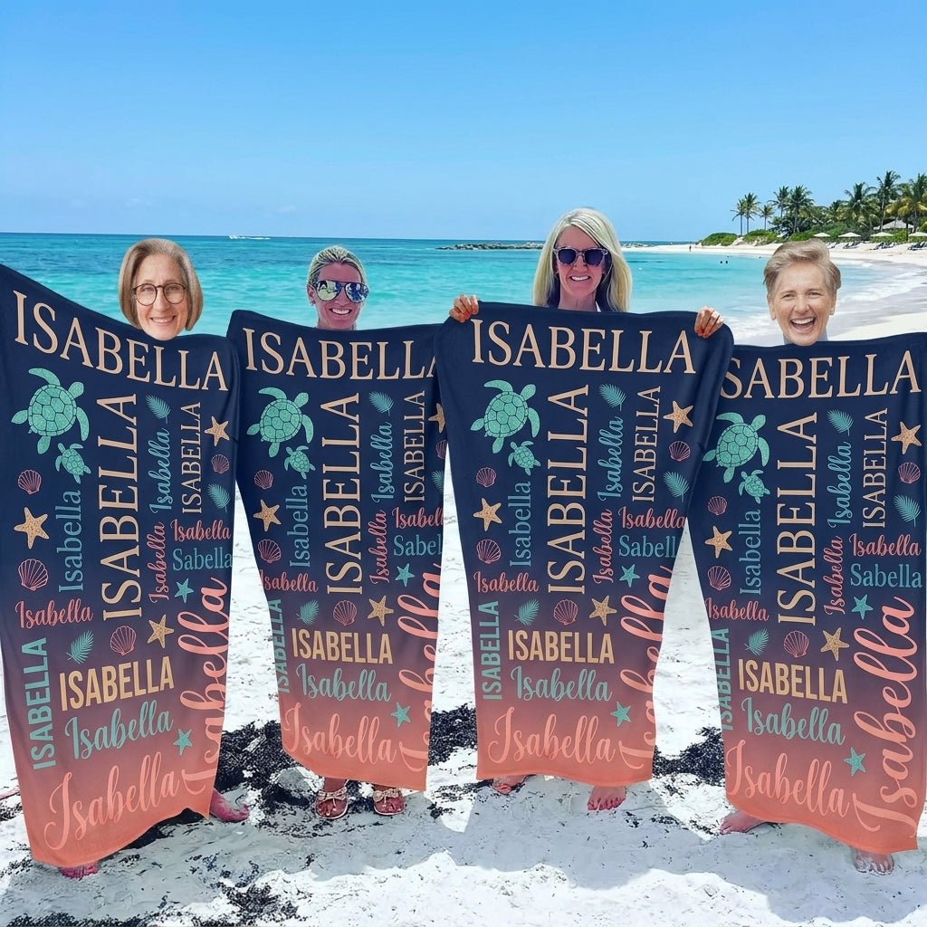 Personalized Sea Turtle Beach Towel - Ocean Typography Custom Name Summer Vacation Gift - FlamingoAholic