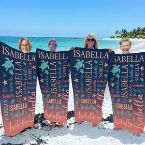 Personalized Sea Turtle Beach Towel - Ocean Typography Custom Name Summer Vacation Gift - FlamingoAholic