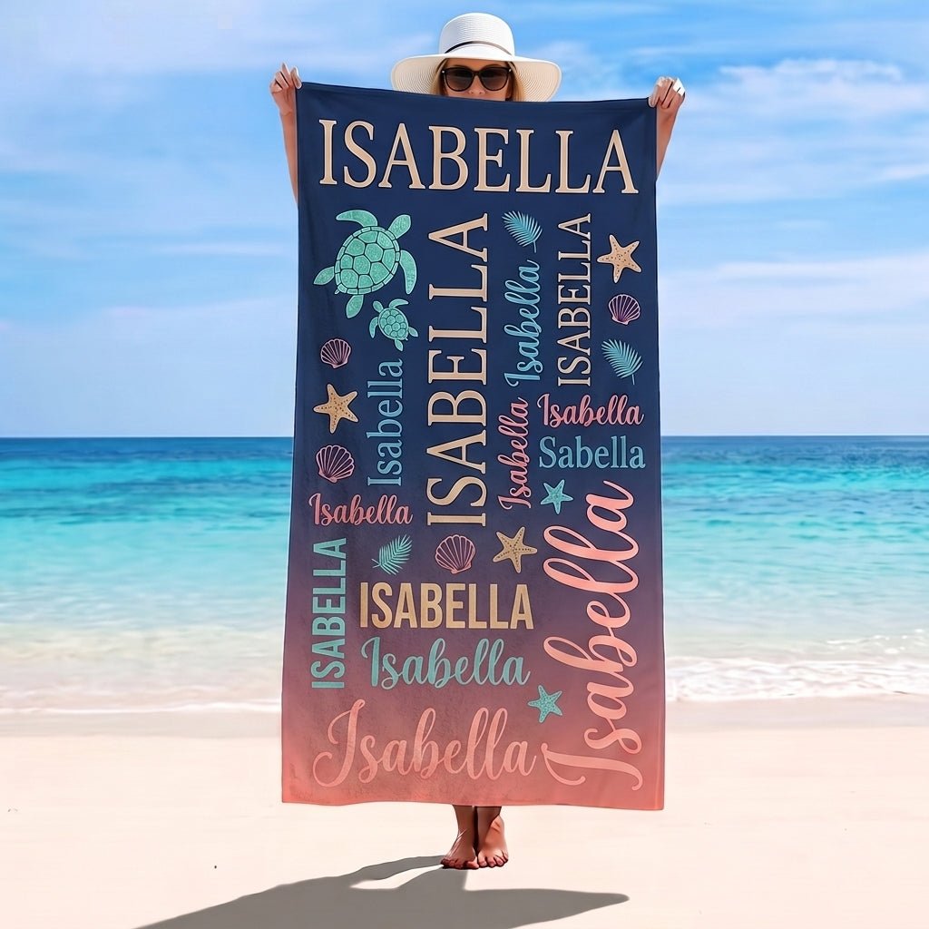 Personalized Sea Turtle Beach Towel - Ocean Typography Custom Name Summer Vacation Gift - FlamingoAholic