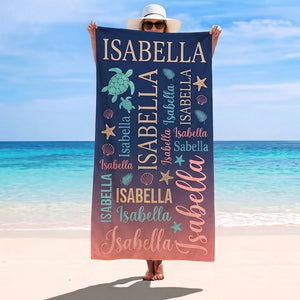 Personalized Sea Turtle Beach Towel - Ocean Typography Custom Name Summer Vacation Gift - FlamingoAholic