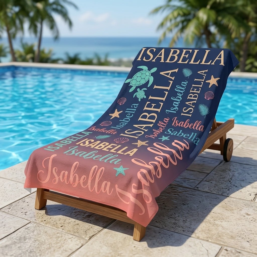 Personalized Sea Turtle Beach Towel - Ocean Typography Custom Name Summer Vacation Gift - FlamingoAholic