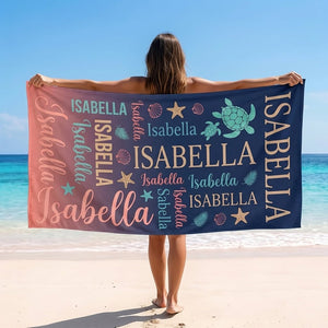 Personalized Sea Turtle Beach Towel - Ocean Typography Custom Name Summer Vacation Gift - FlamingoAholic