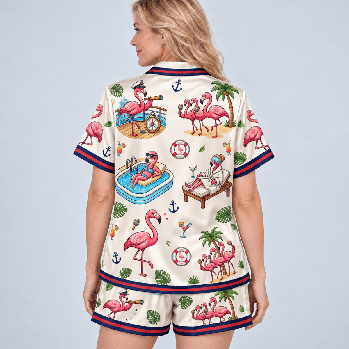 Personalized Set Sail Stay Sassy Flamingo Cruise Satin Pajama Set for Women - FlamingoAholic