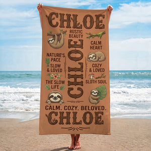 Personalized Sloth Beach Towel - Custom Name "Calm. Cozy. Beloved." Gift - FlamingoAholic