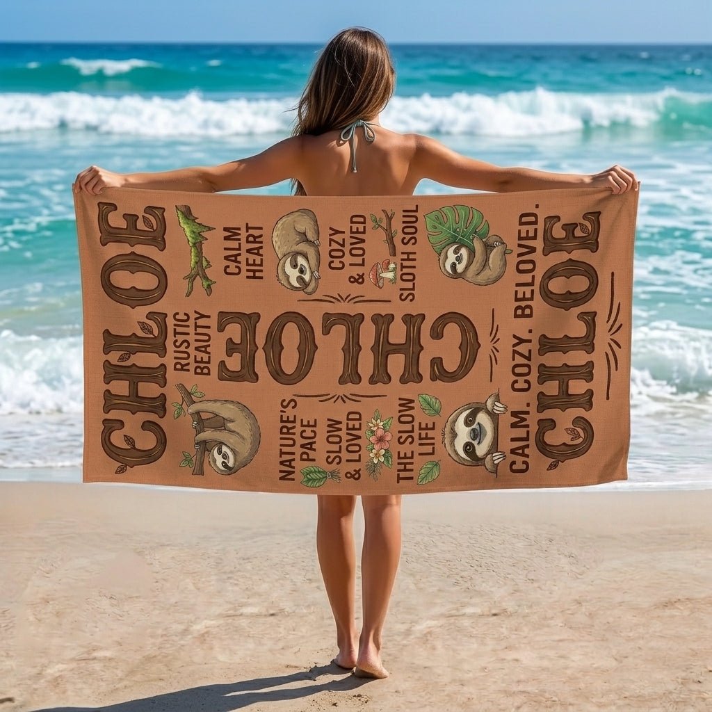 Personalized Sloth Beach Towel - Custom Name "Calm. Cozy. Beloved." Gift - FlamingoAholic