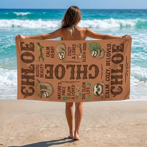 Personalized Sloth Beach Towel - Custom Name "Calm. Cozy. Beloved." Gift - FlamingoAholic