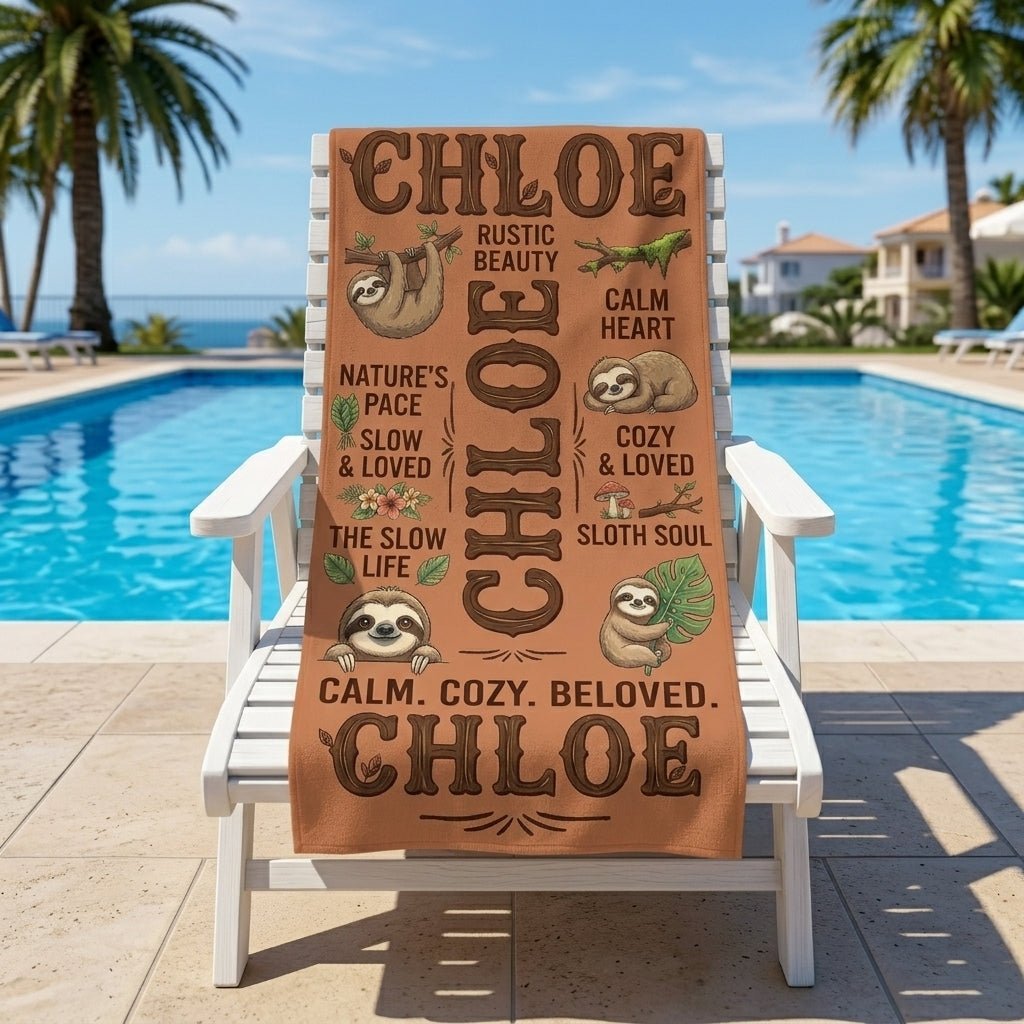 Personalized Sloth Beach Towel - Custom Name "Calm. Cozy. Beloved." Gift - FlamingoAholic