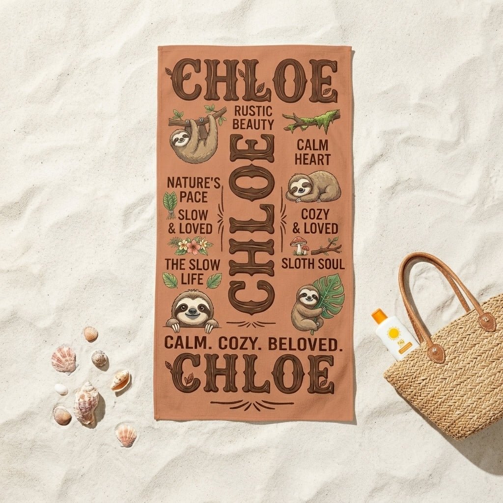 Personalized Sloth Beach Towel - Custom Name "Calm. Cozy. Beloved." Gift - FlamingoAholic