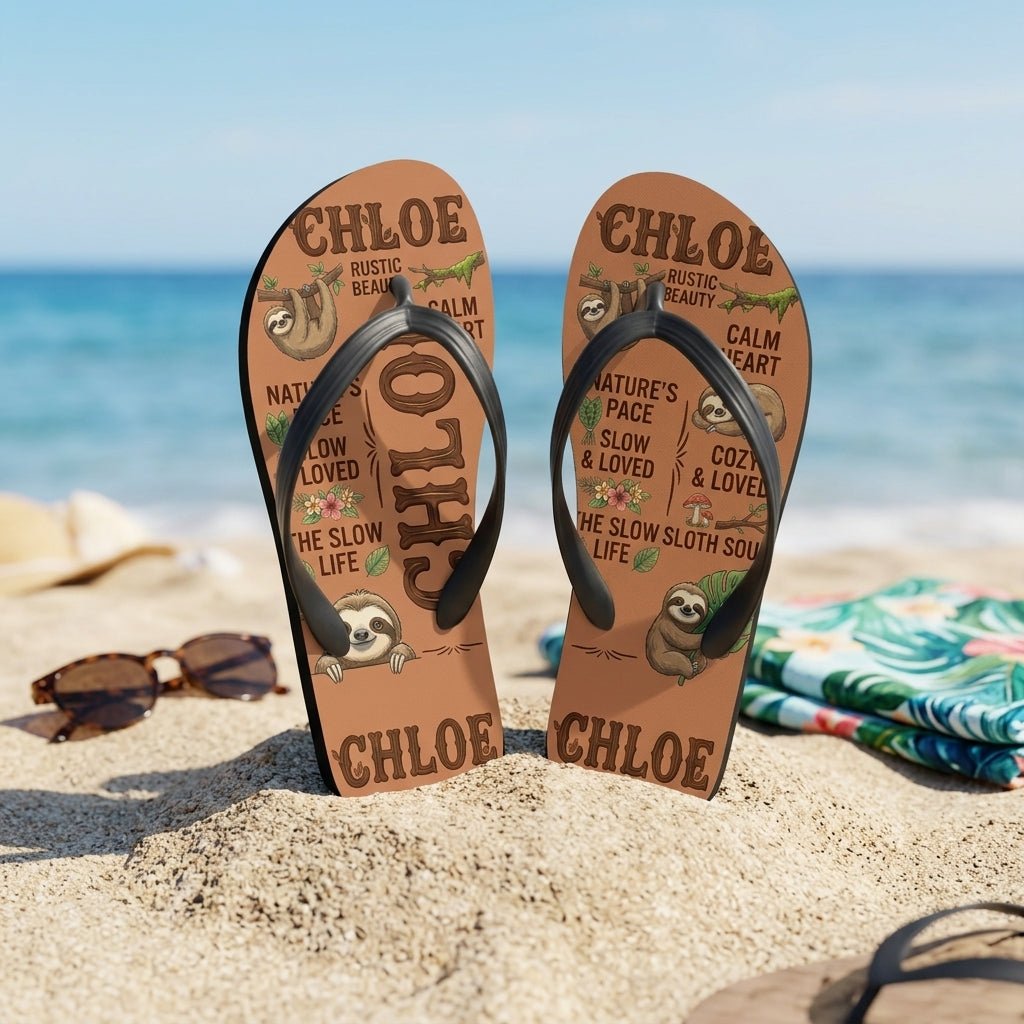 Personalized Sloth Lightweight Flip Flops - Custom Name "Chloe" - FlamingoAholic