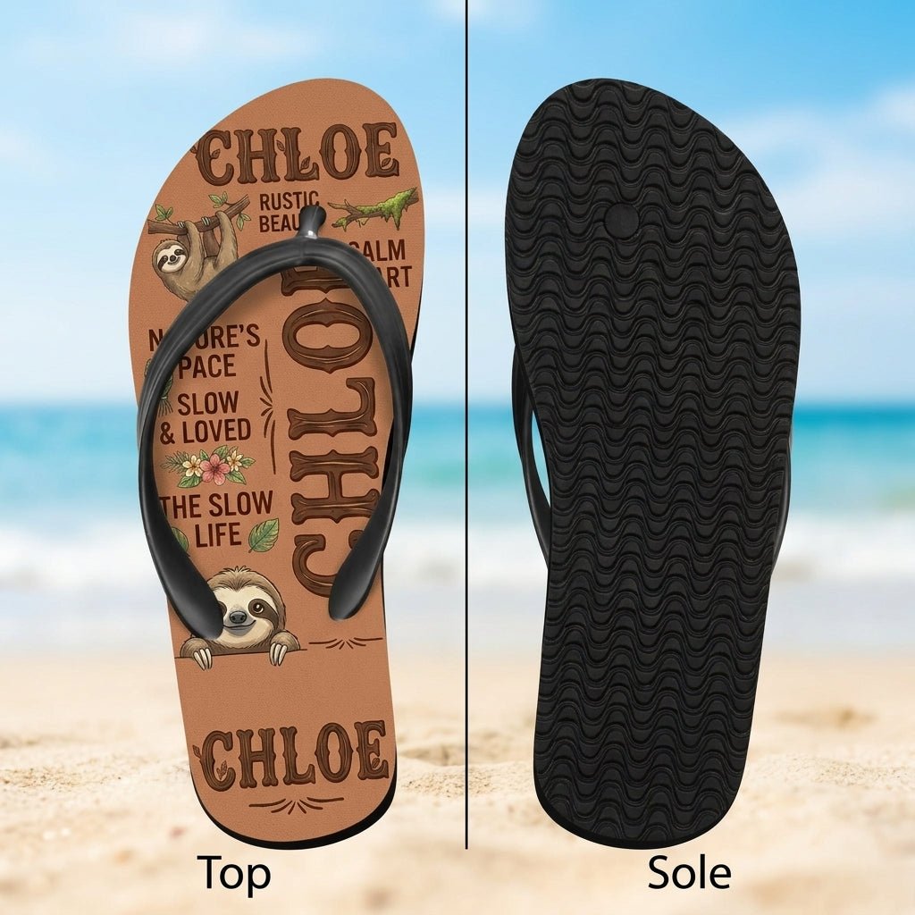 Personalized Sloth Lightweight Flip Flops - Custom Name "Chloe" - FlamingoAholic