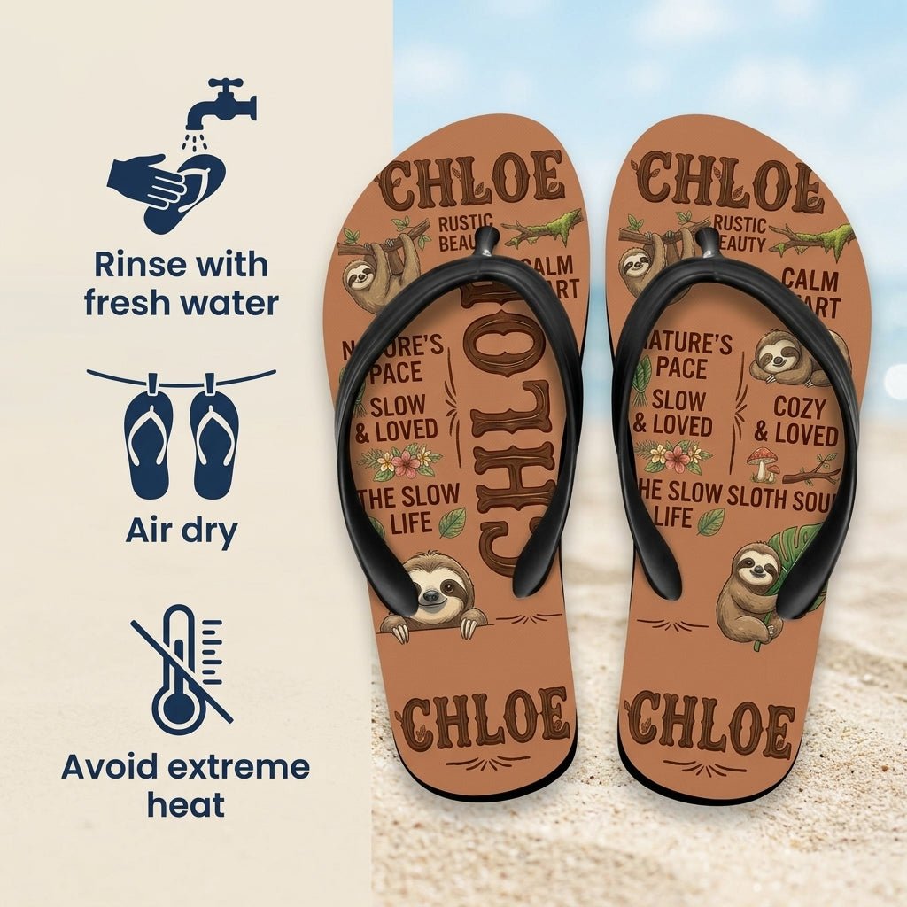 Personalized Sloth Lightweight Flip Flops - Custom Name "Chloe" - FlamingoAholic