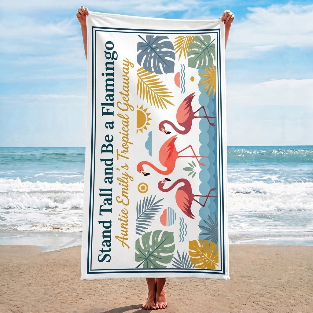 Personalized Stand Tall Flamingo Beach Towel - Tropical Vacation Custom Name Summer Gift - FlamingoAholic