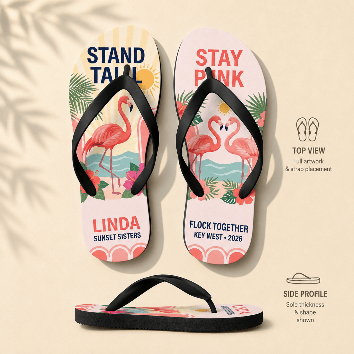 Personalized Stand Tall Stay Pink Flamingo Flip Flops | Custom Women's Beach Sandals | Inspirational Tropical Gift - FlamingoAholic