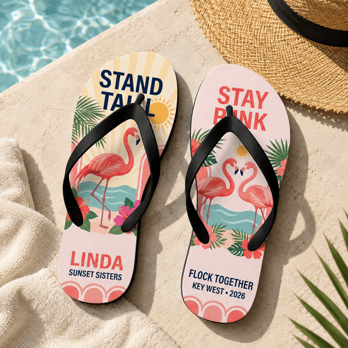 Personalized Stand Tall Stay Pink Flamingo Flip Flops | Custom Women's Beach Sandals | Inspirational Tropical Gift - FlamingoAholic