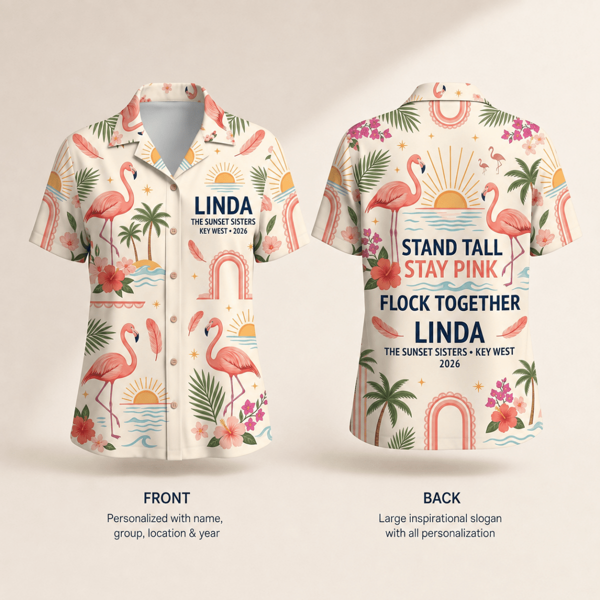 Personalized Stand Tall Stay Pink Flamingo Hawaiian Shirt for Women | Custom Coastal Beach Shirt | Flamingo Lover Gift - FlamingoAholic